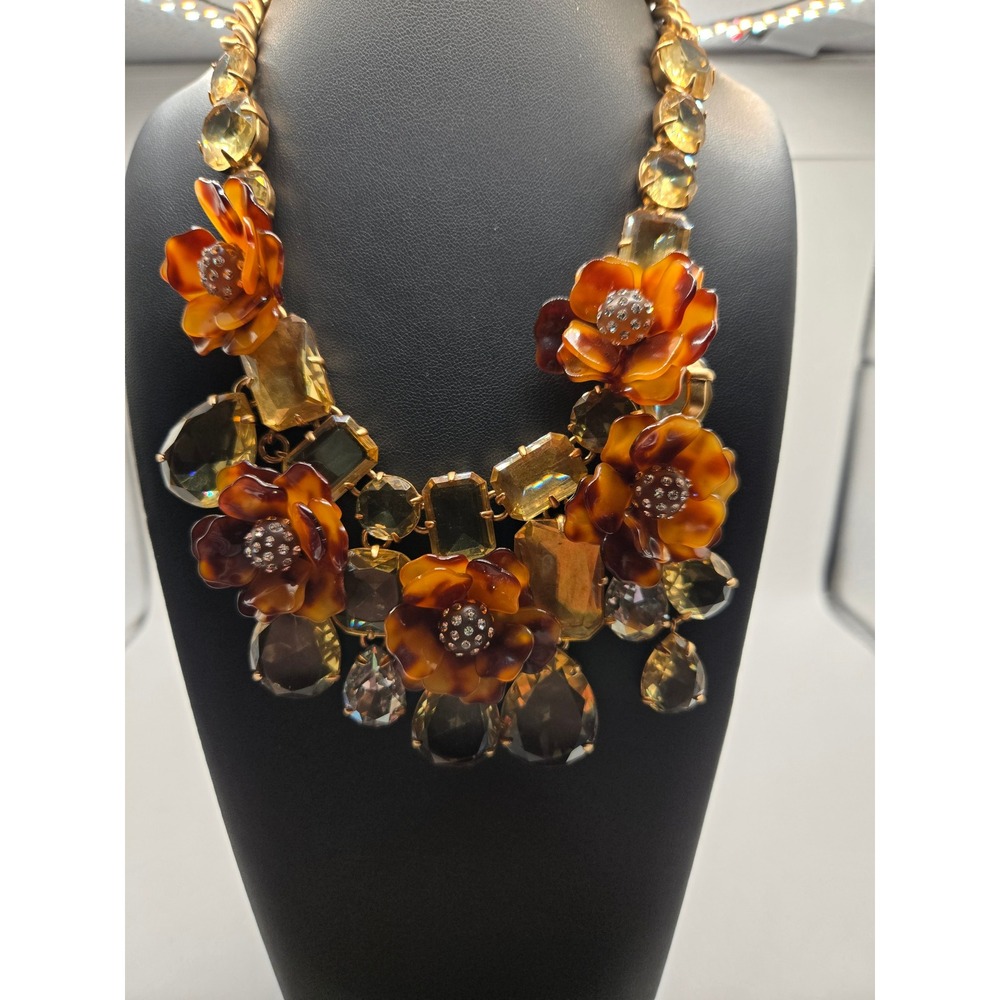 J.Crew Tortoise Shell Resin Flower Amber Crystal Bib Statement Necklace Gold